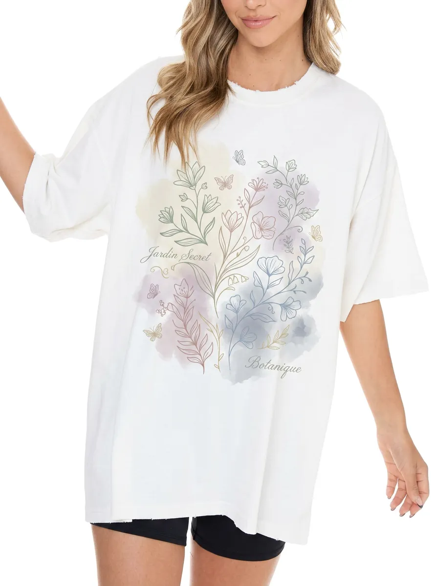Women's Botanical Garden Butterfly Watercolor Printed T-shirt