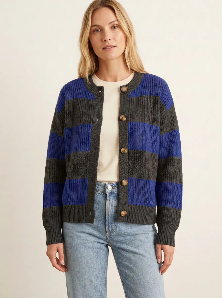 Relaxed Striped Distinctive Rugby Striped Knit Cardigan