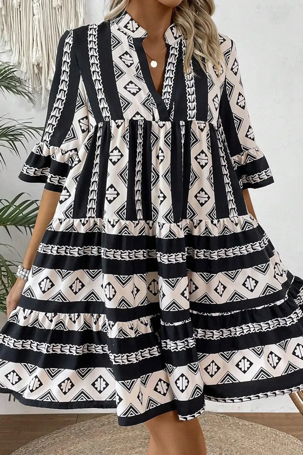 Ruffle Trim V-Neck Mini Dress