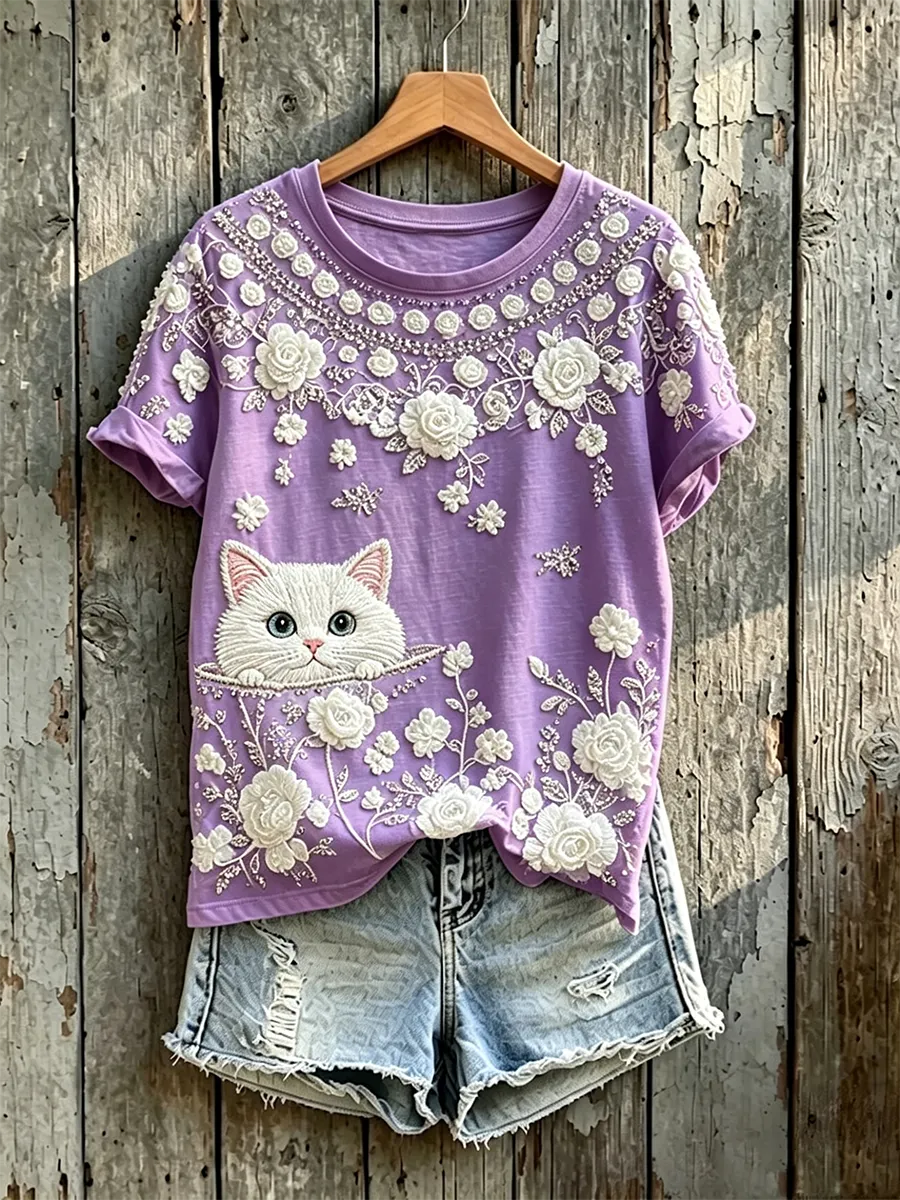 Women'S Casual Floral Cat Printed T-Shirt