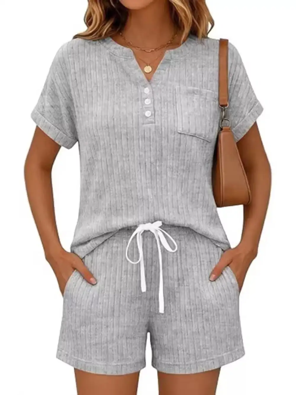 Casual Ribbed Knit Tee Shorts Set