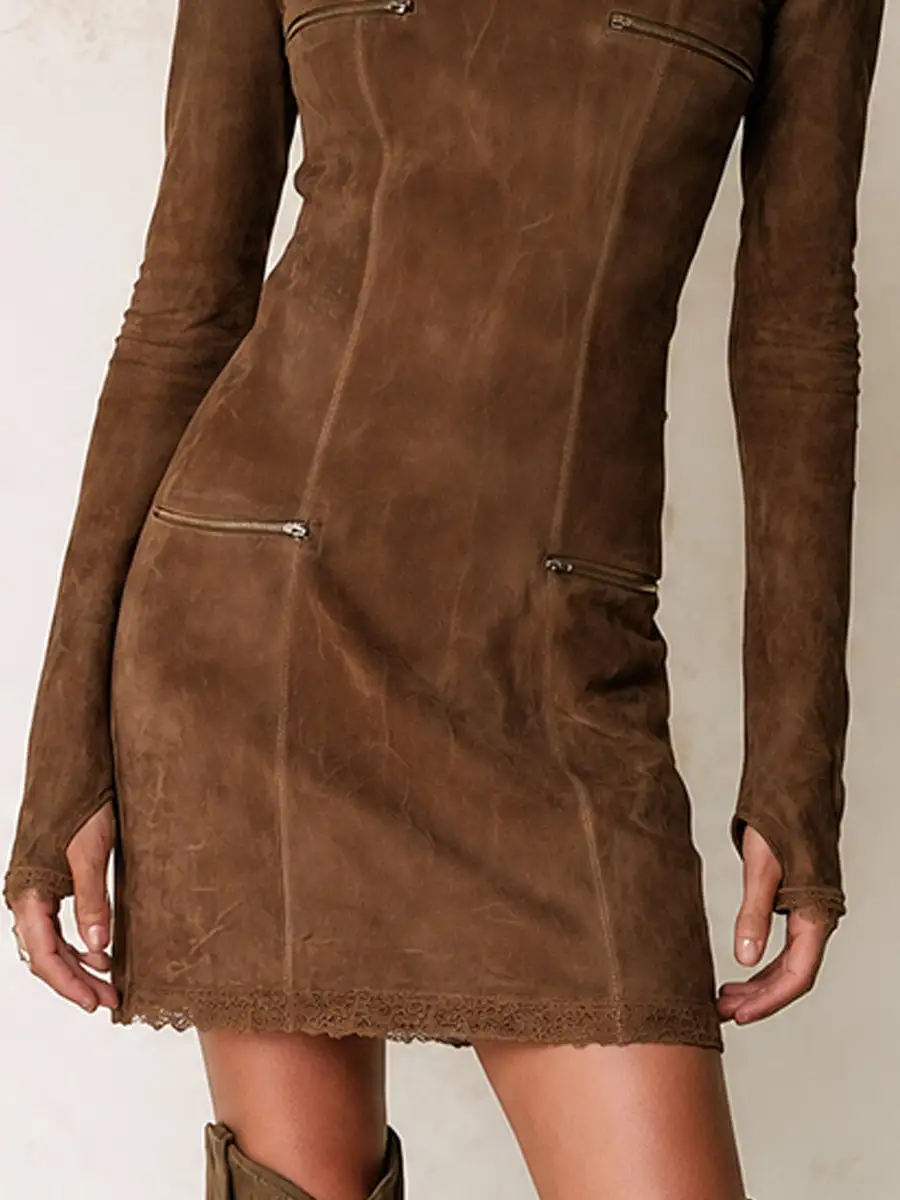 Brown Suede Zip Detail Mini Dress