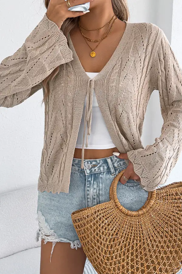 Color Tie Front Hollow Knitted Cardigan