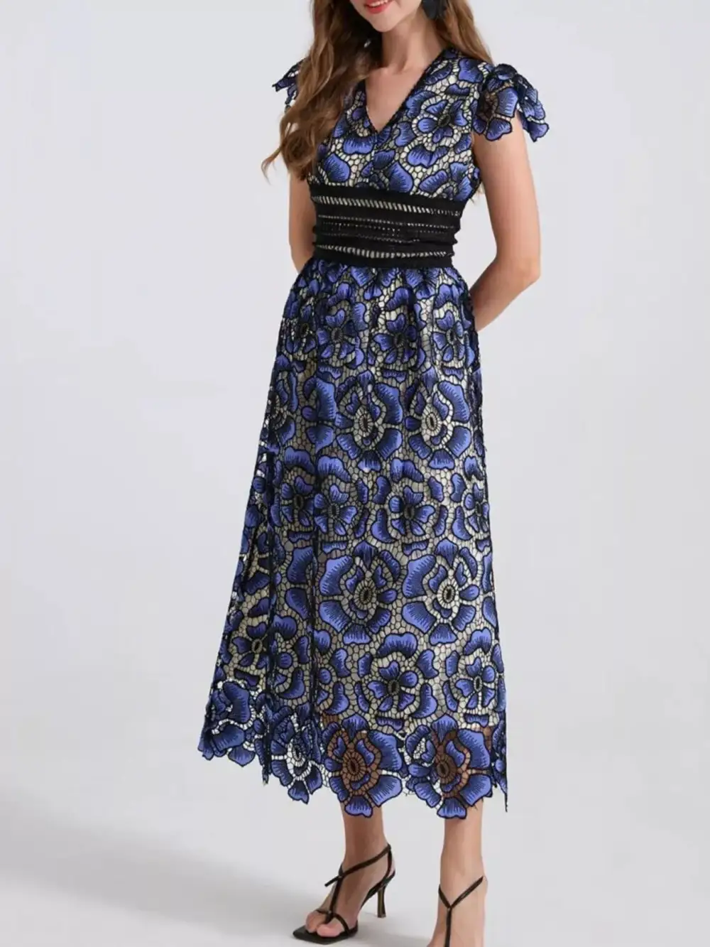 V-Neck Ruffle Sleeve Midi Dress