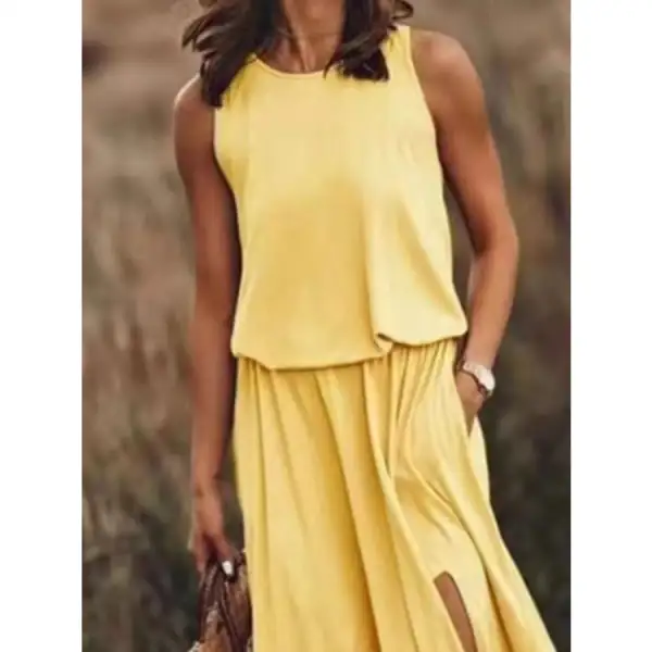 Full Size Round Neck Sleeveless Slit Maxi Dress Plus Size