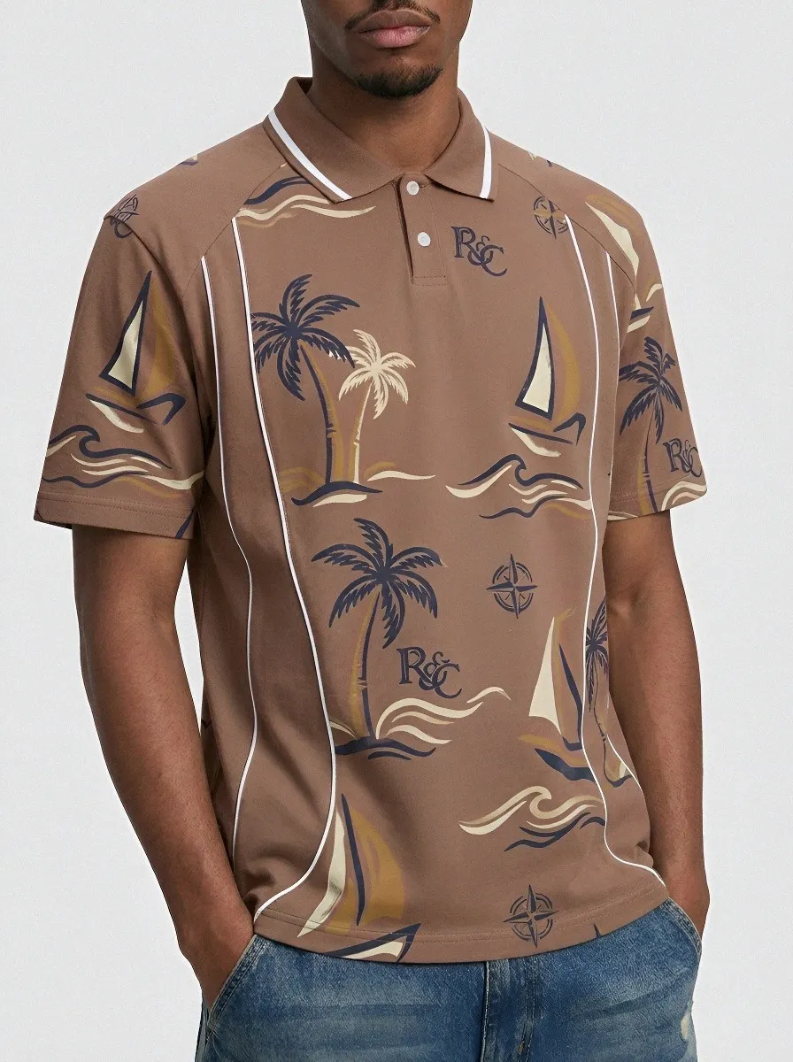 Men's Tropical Sailing Palm Tree Printed Polo Shirt