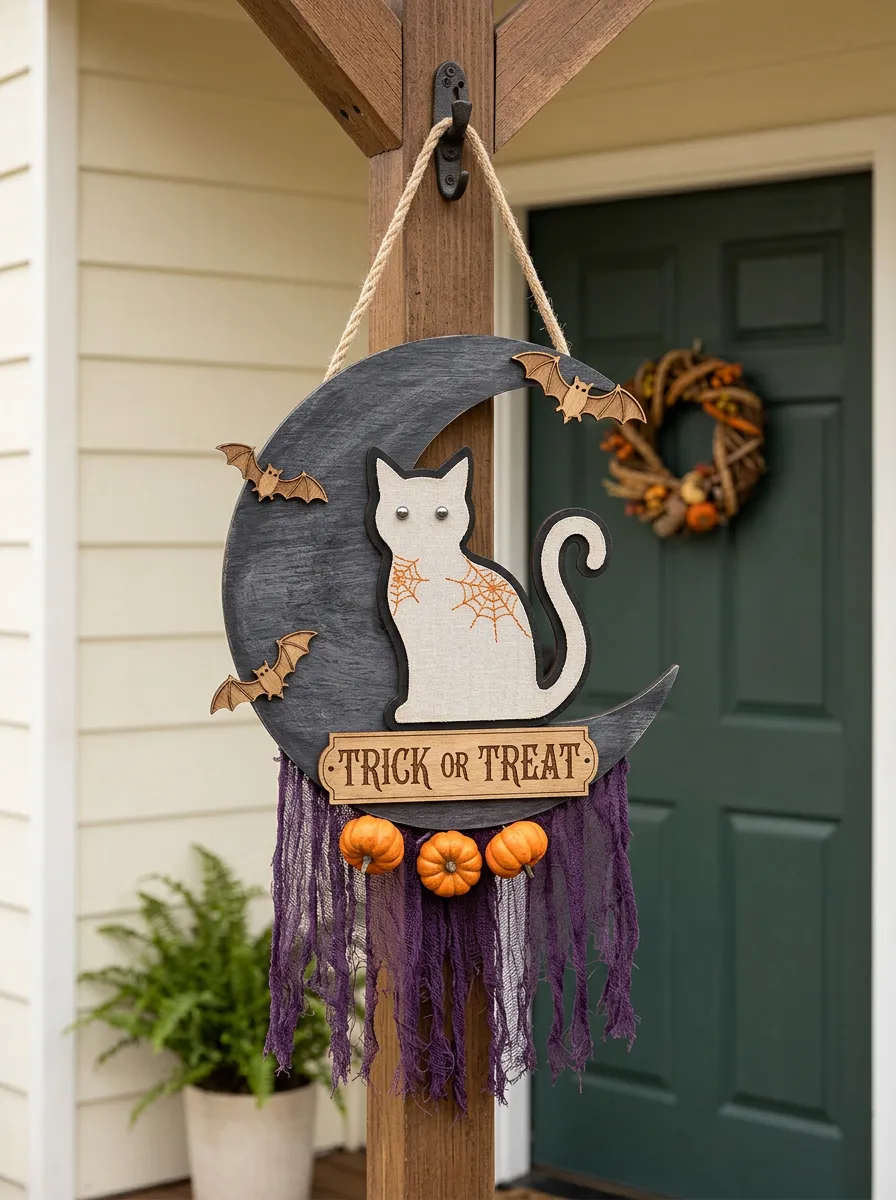Halloween Cat Moon Trick or Treat Hanging Door Sign