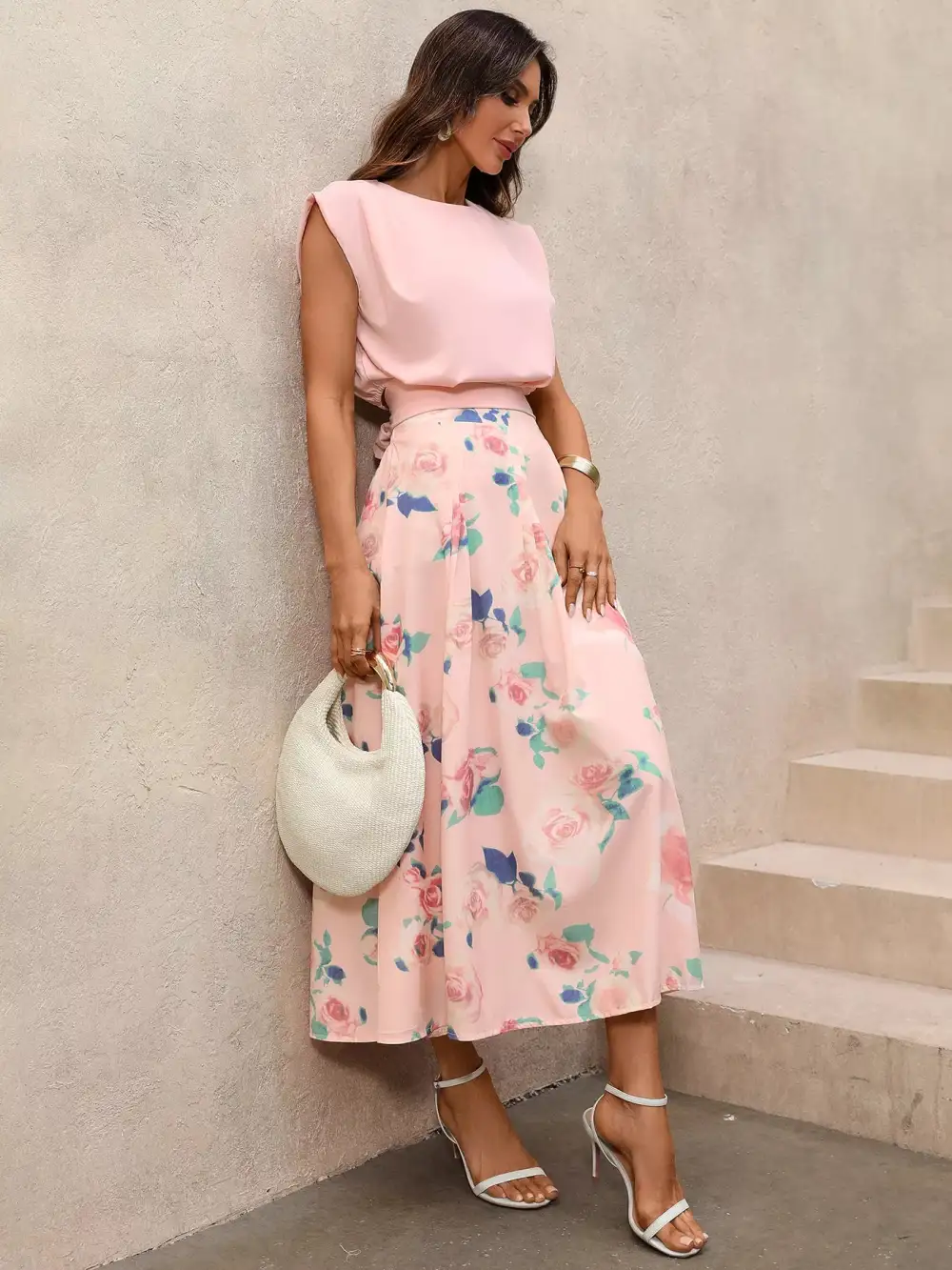 Round Neck Top Floral Print Skirt Set