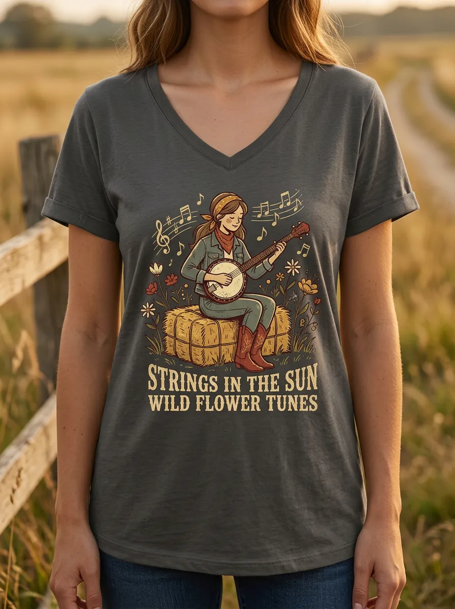 Vintage-Inspired Banjo Custom Country Music V-Neck T-Shirt