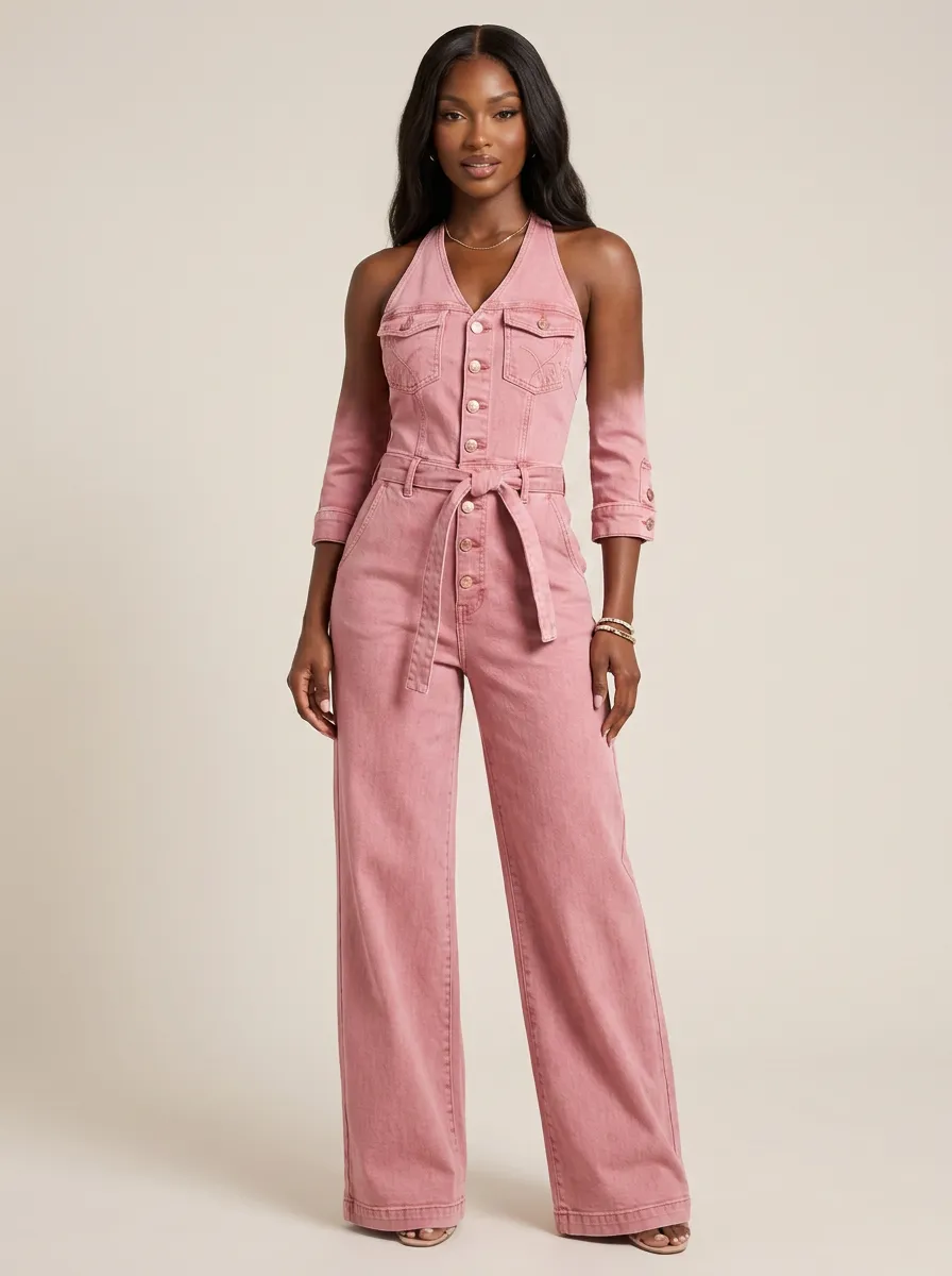 Pink Halter-Neck Button-Front Belted Denim Jumpsuit