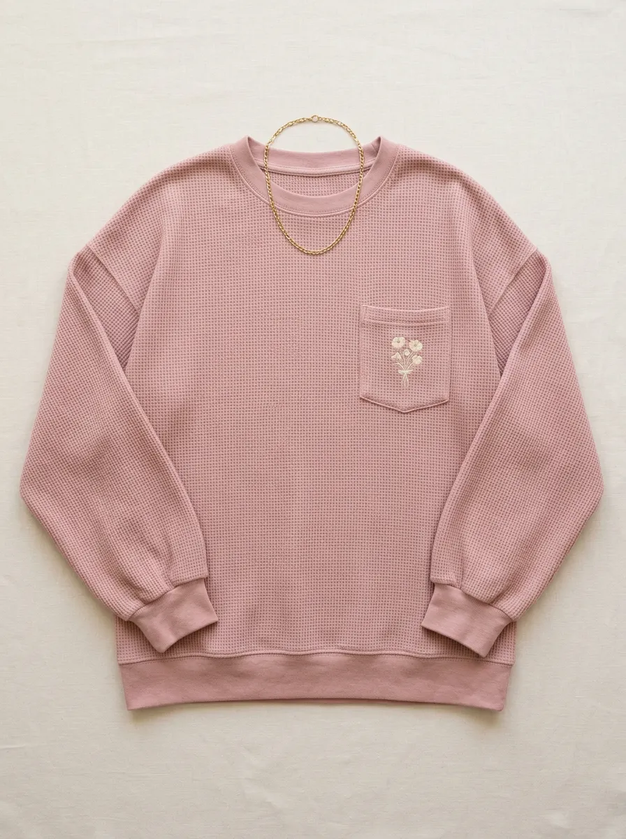 Women's Floral Bouquet Pocket Waffle Knit Printed Sweatshirt