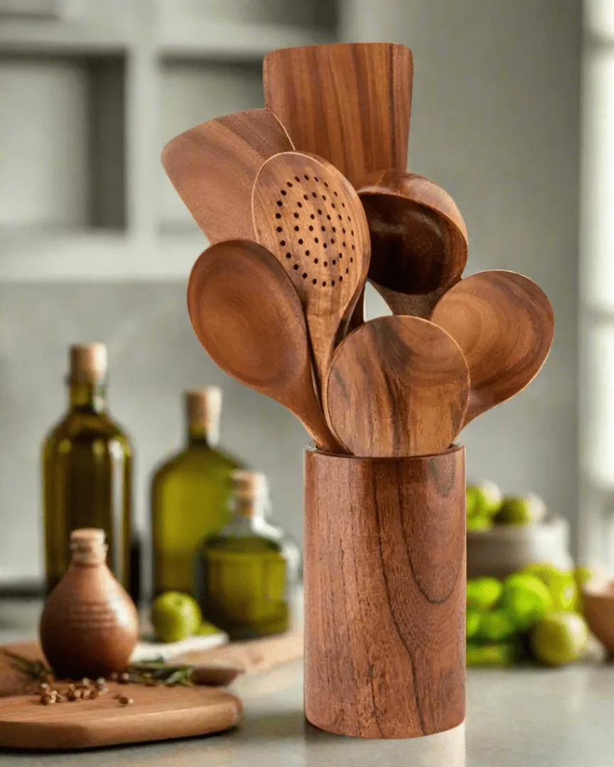 Teak Utensil Set With Holder