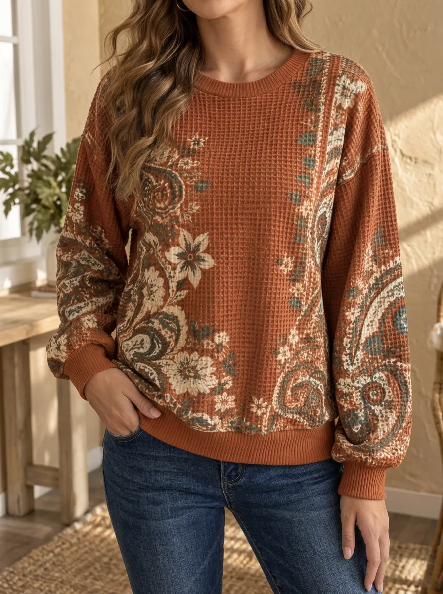 Women's Boho Floral Paisley Casual Waffle Knit Crewneck Sweatshirt