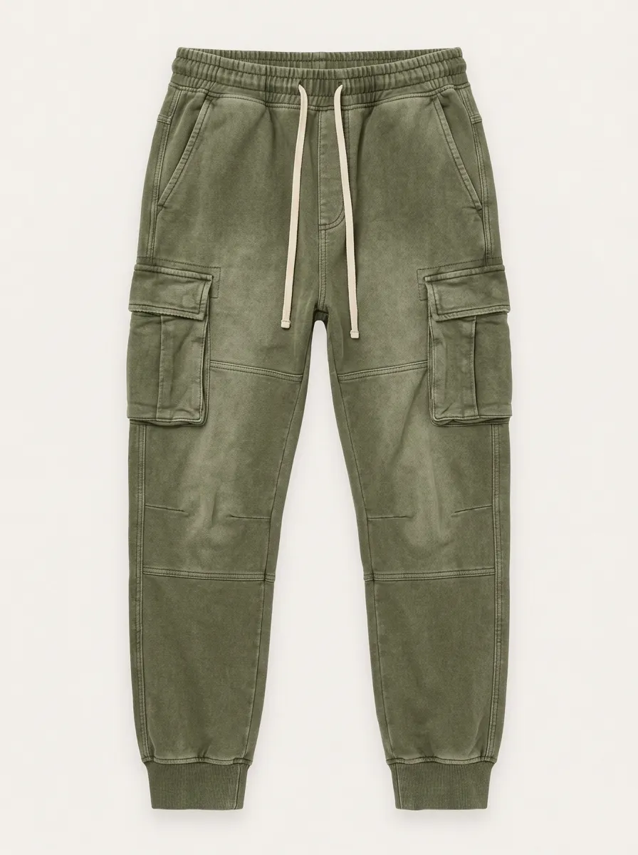 Unisex Vintage Olive Green Washed Cargo Jogger Pants