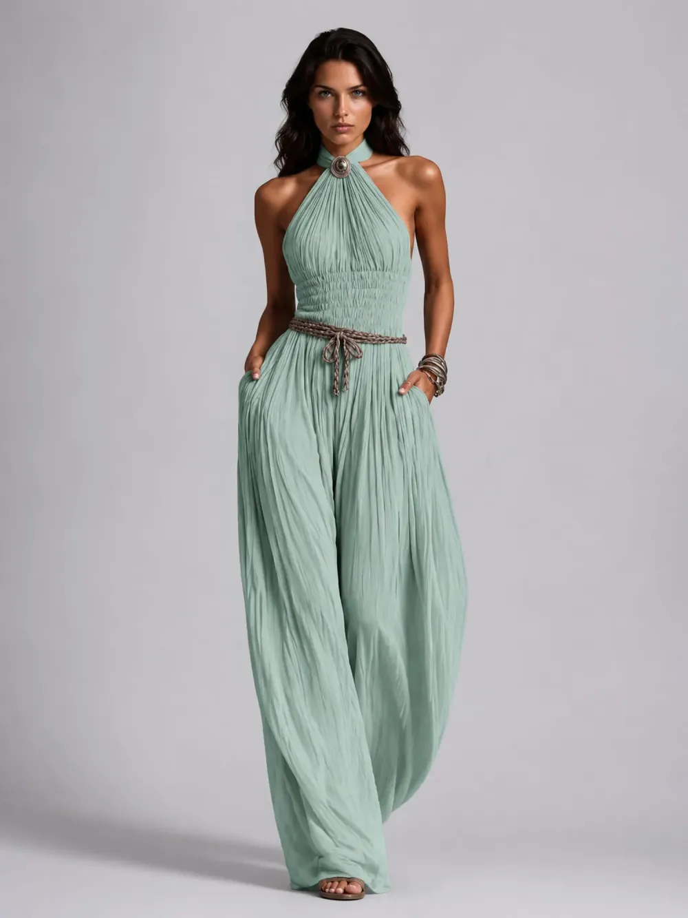 Taylor Pleated Halter-Neck Wide-Leg Jumpsuit