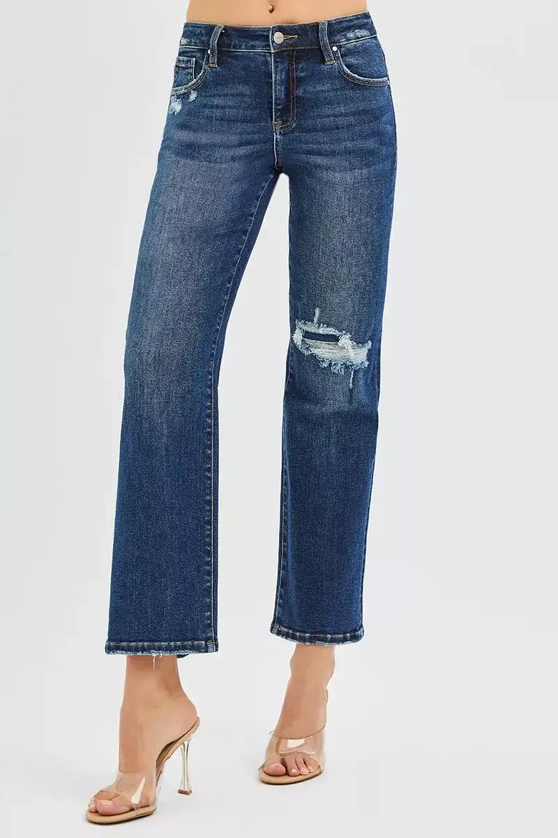 High Rise Crop Slim Straight Jenas With Hidden Knee Patch