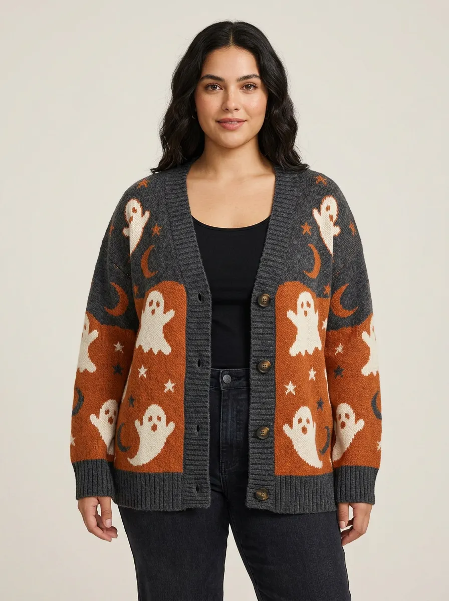 Women's Halloween Ghost Moon Star Patterned Knitted Cardigan