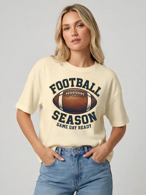 Women's Football Season Game Day Ready Printed Waffle T-Shirt