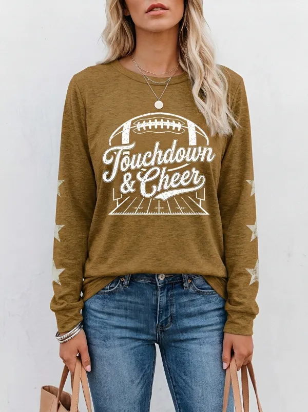 Women's Football Fan Touchdown & Cheer Star Sleeve Printed Long Sleeve Shirt