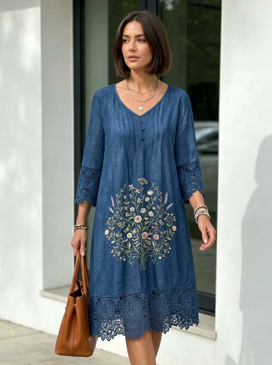 Women's Summer Vacation Floral Embroidery Lace Trim Printed Dress
