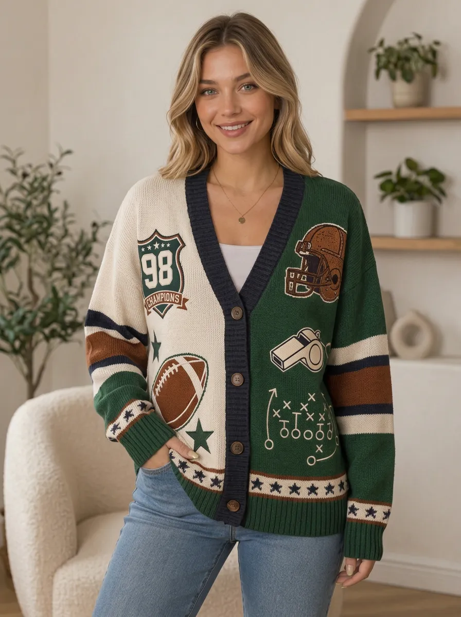 Women's Stadium Inspired Gridiron Helmet Ball Knit Cardigan