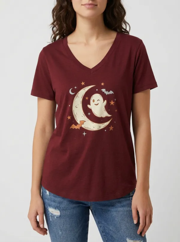 Women's Halloween Ghost Moon Stars Bat Printed V-neck T-shirt