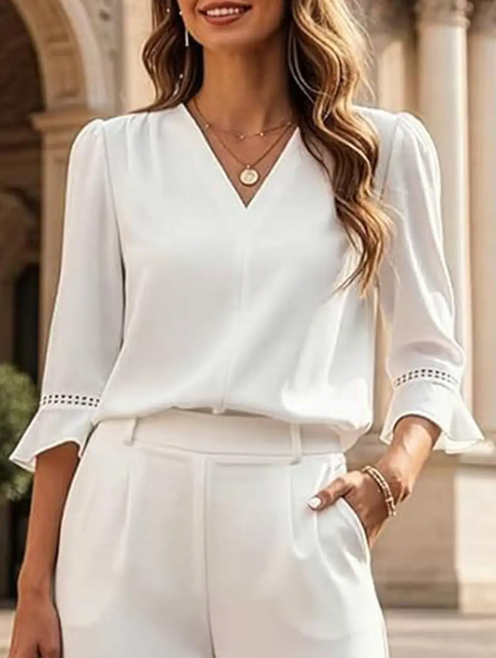 V Neck Office Three Quarter Sleeve Blouse