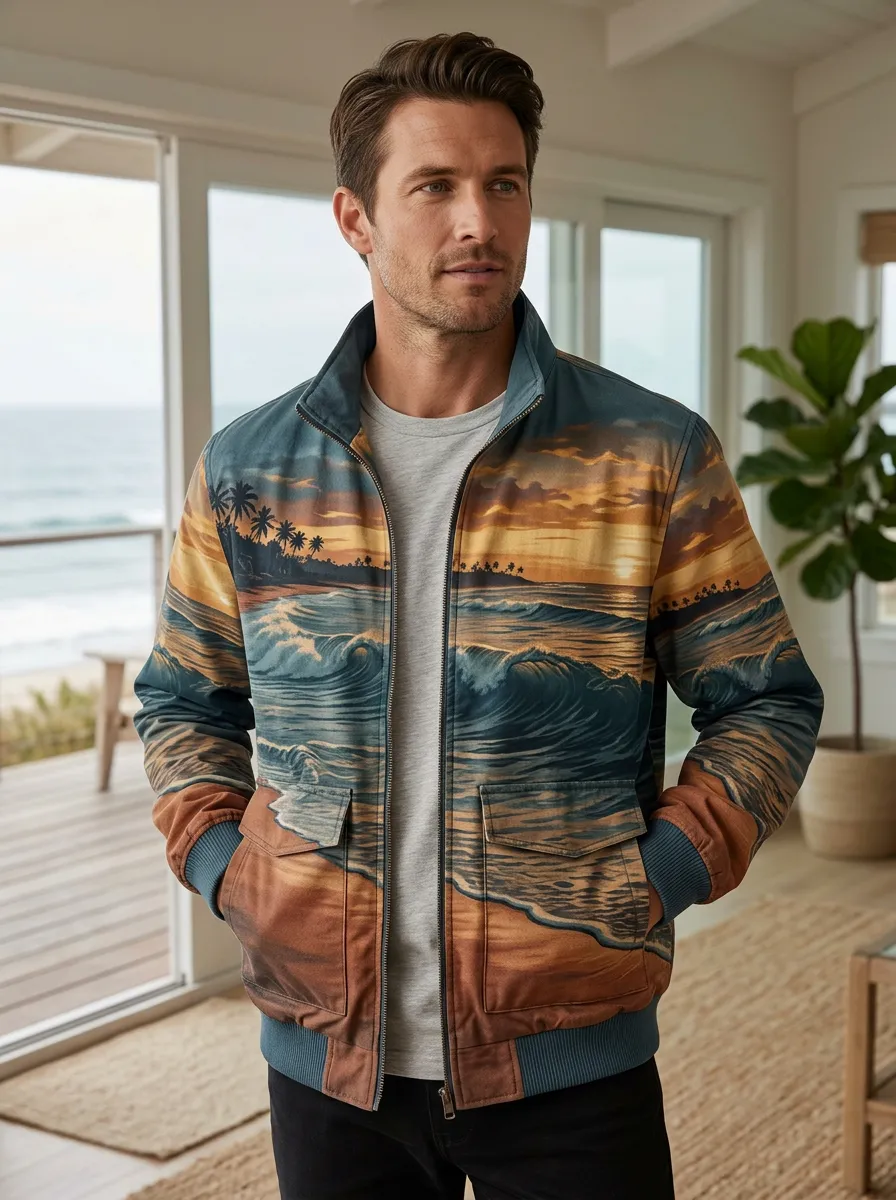 Men's Tropical Beach Sunset Ocean Wave Rugged Adventure Jacket