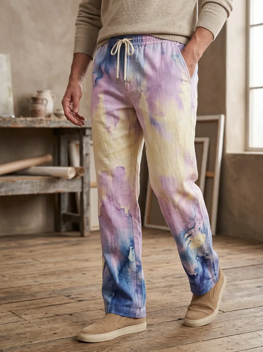 Men's Pastel Watercolor Tie-Dye Printed Casual Pants