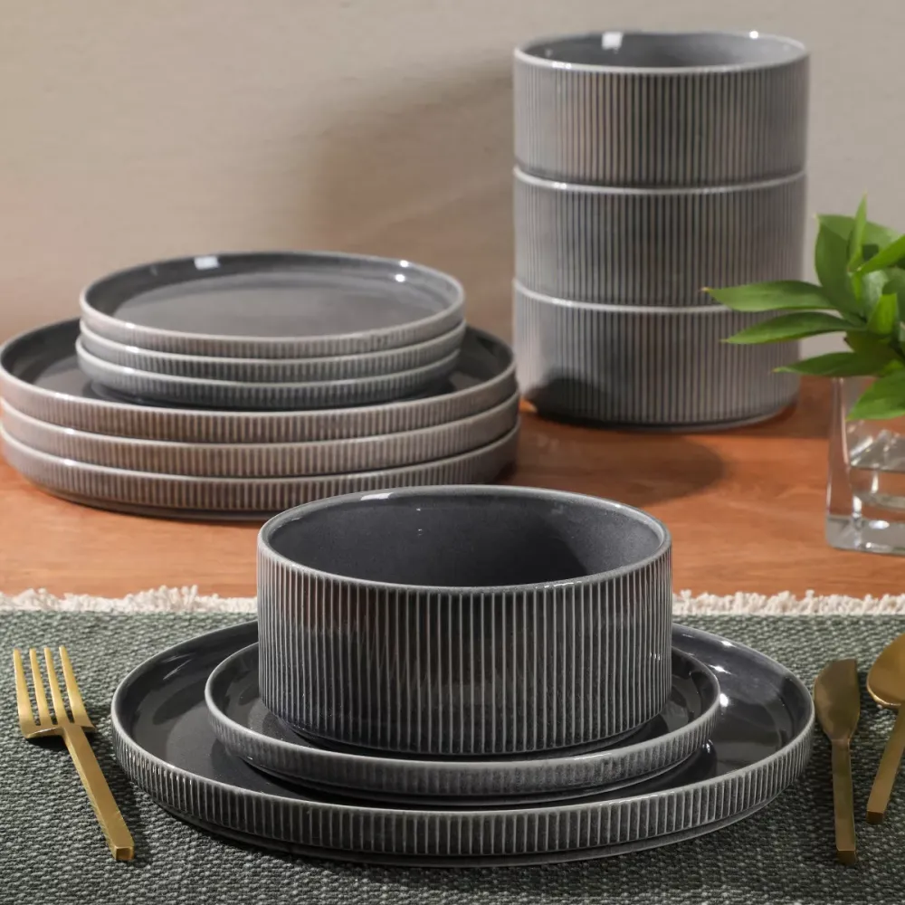 12-Piece Embossed Reactive Glaze Stoneware Dinnerware Set