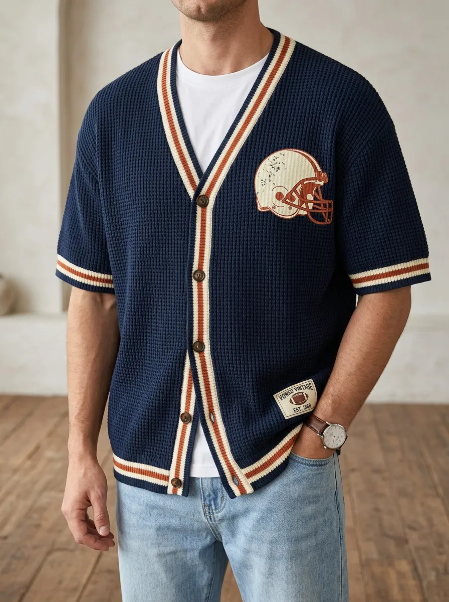 Men's Heritage American Football Lover Helmet Printed Waffle Knit Cardigan