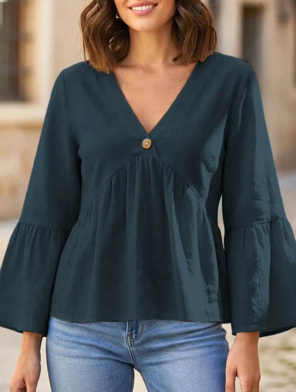 V Neck Ruffle Sleeve Cotton Blouse