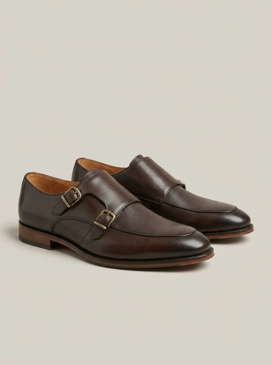 Men's Business Formal Double Monk Strap Textured Leather Shoes