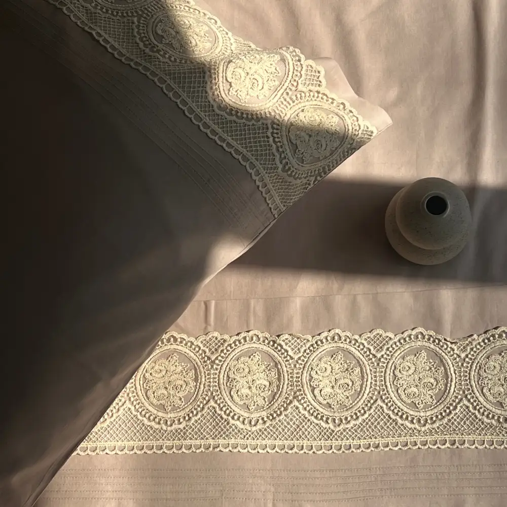 Mocha Cotton Embroidered Lace Bed Sheet Set