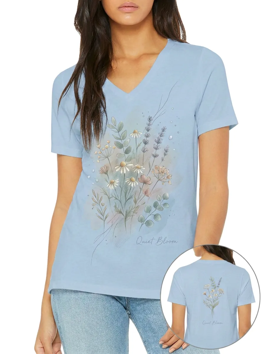 Women's Quiet Bloom Botanical Watercolor Printed V-neck T-shirt