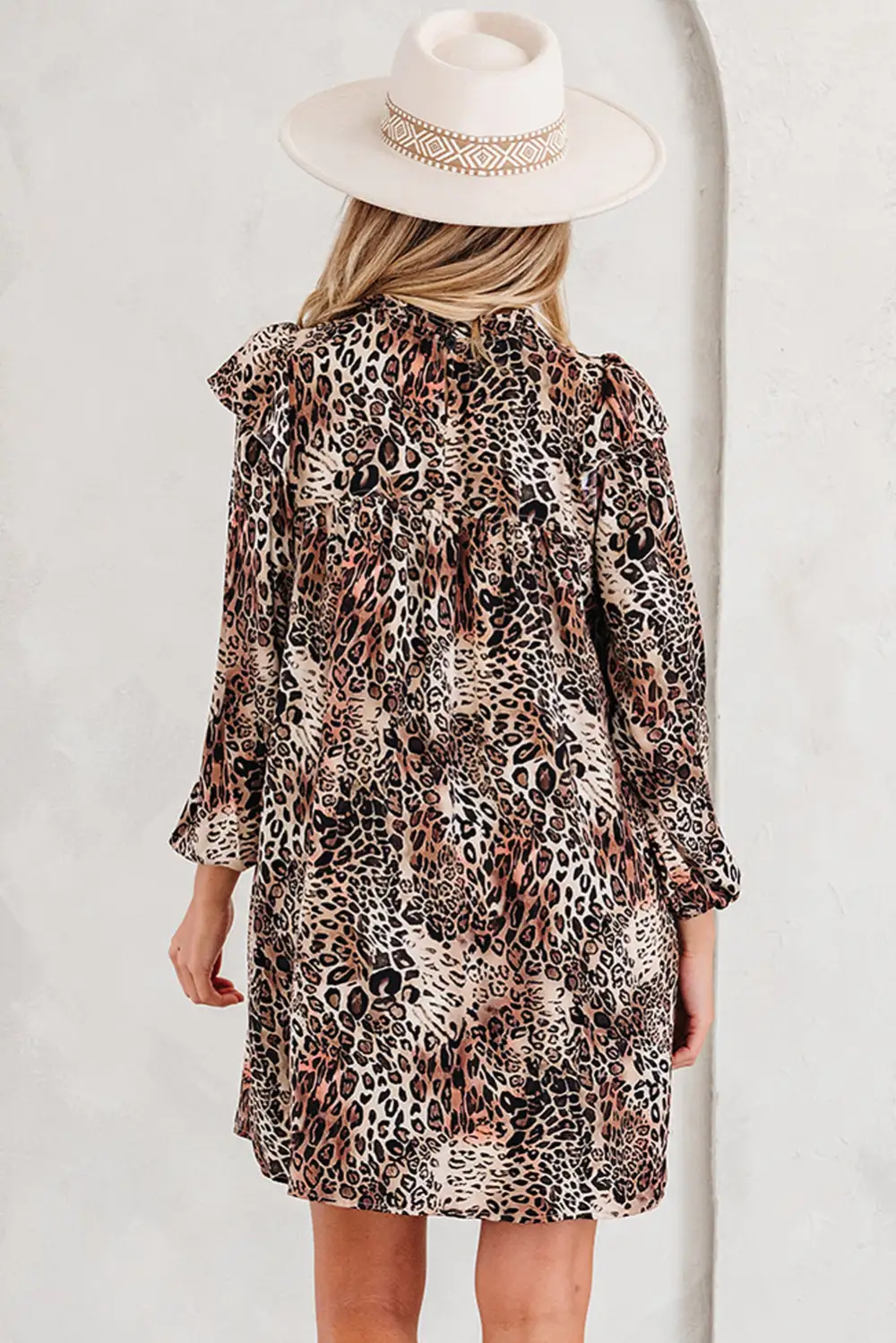 Animal Print Ruffle Trim Long Sleeve Mini Dress