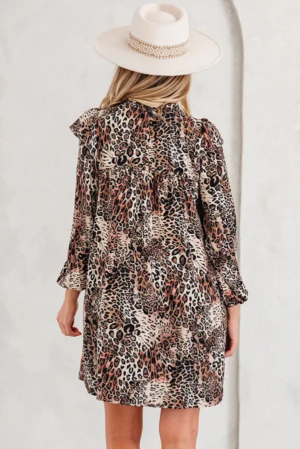 Animal Print Ruffle Trim Long Sleeve Mini Dress