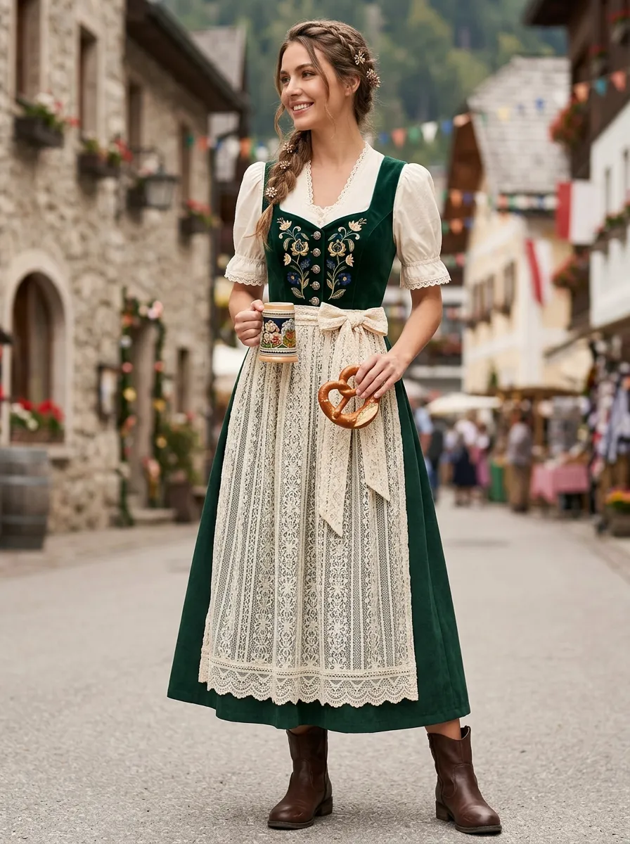 Floral Embroidered Lace Apron Women's Bavarian Oktoberfest Dirndl Dress