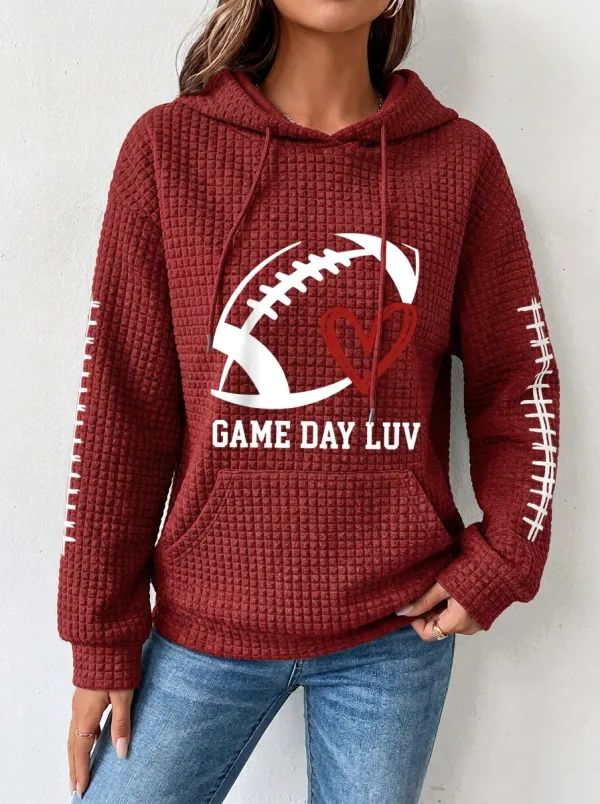 Women's Football Lover Game Day Luv Heart Printed Waffle Hoodie