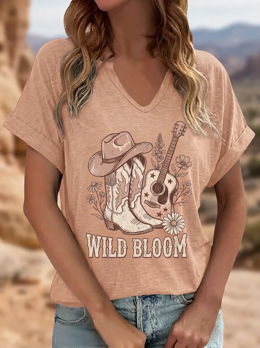 Women's Western Country Music Wild Bloom Cowboy Boot Guitar Printed V-Neck T-Shirt