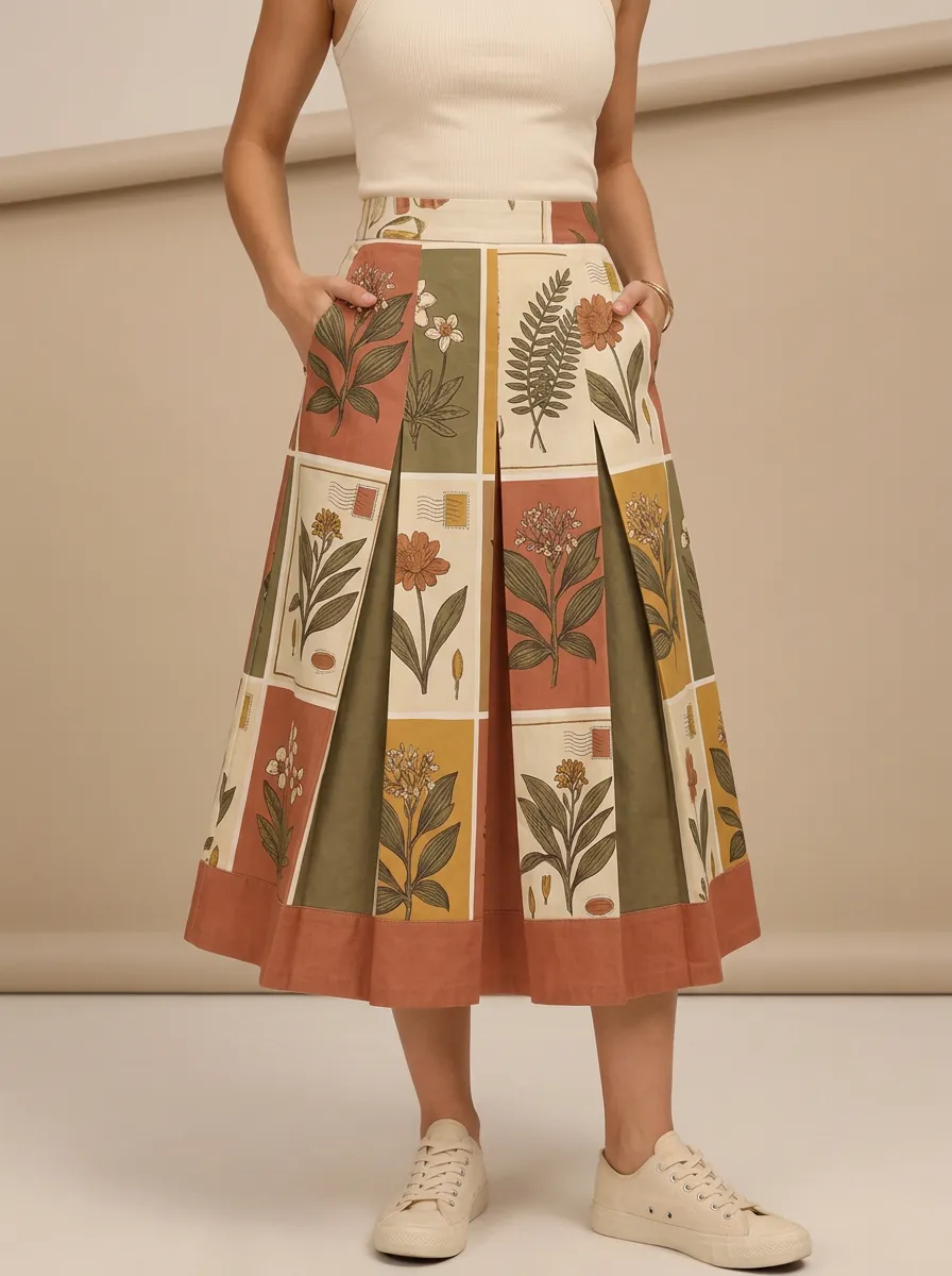 Women's Botanical Garden Lover Floral Stamp Printed Midi Skirt