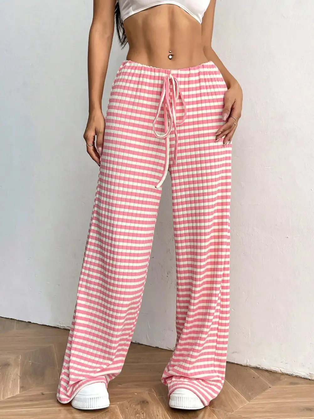 Wide Leg Drawstring Striped Casual Pants