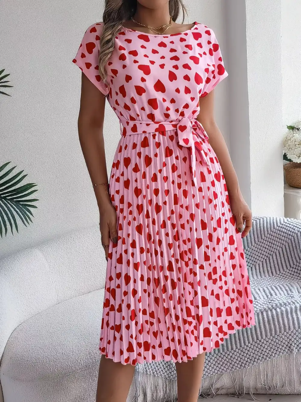 Heart Belted Pleated Midi Dress