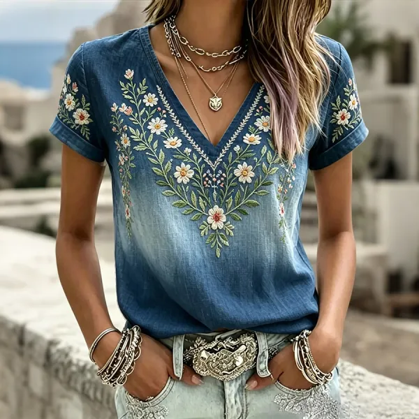 Women's Plants Flowers Print V Neck T-shirt