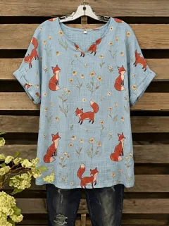 Fox Floral Women's Loose Printed T-Shirt