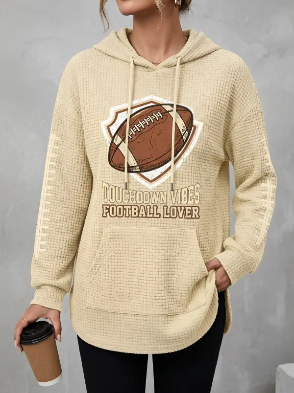 Women's Football Lover Touchdown Vibes Shield Printed Waffle Hoodie