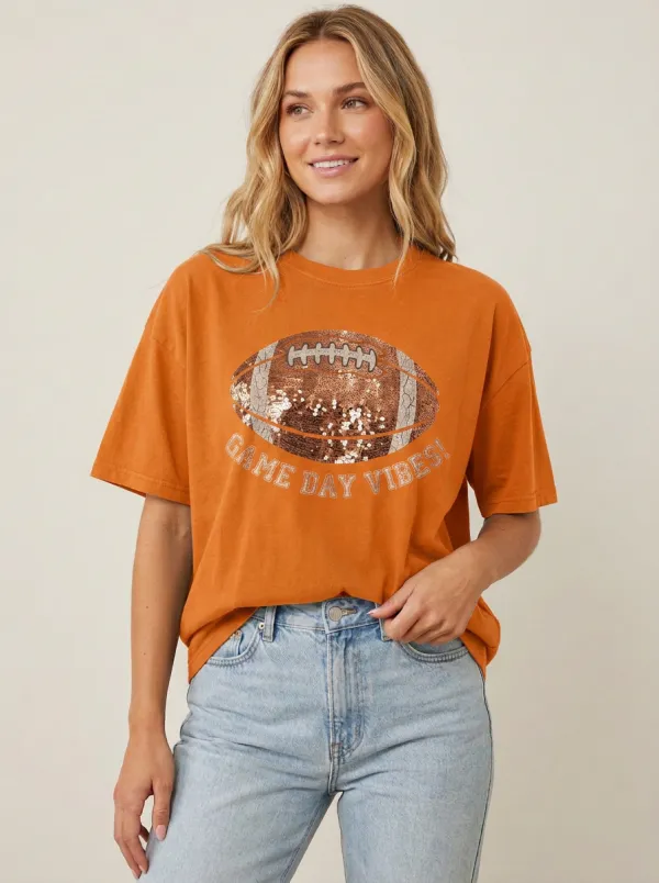 Women's Football Game Day Vibes Sequin Printed T-shirt