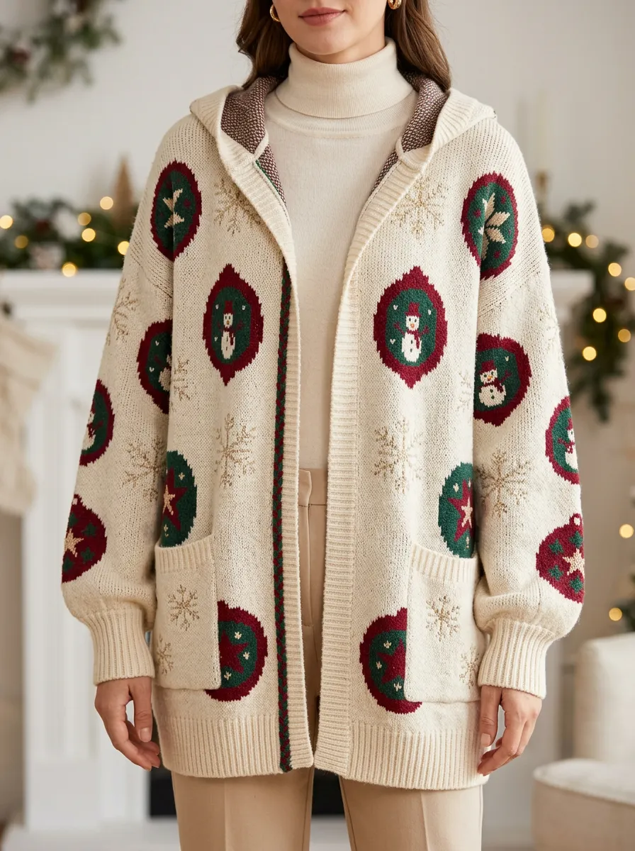 Christmas Snowman Snowflake Pattern Knit Hooded Cardigan