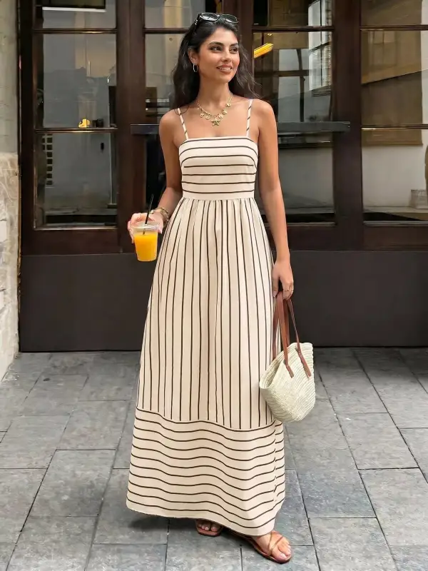 Smocked Spaghetti-Strap Striped Maxi Dress