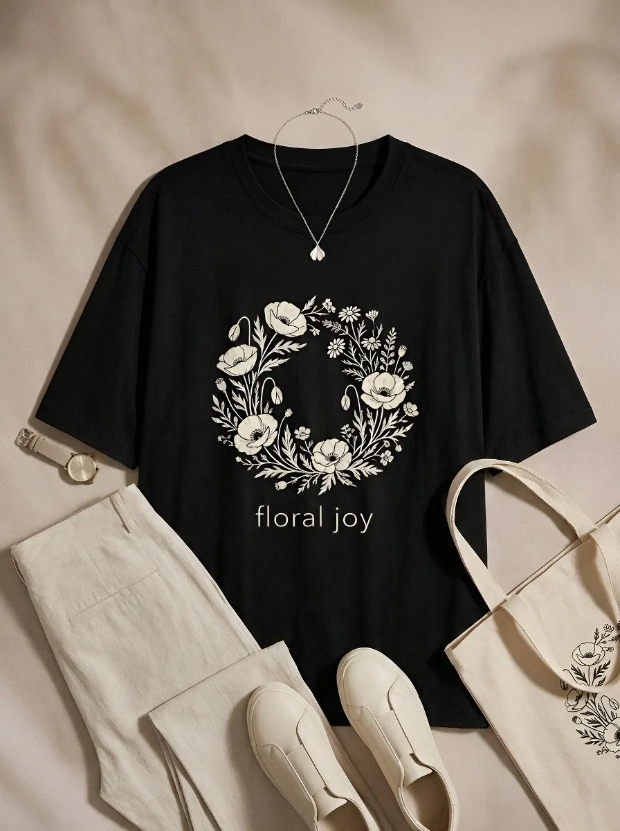 Women's Nature Lover Poppy Flower Wreath Printed T-shirt